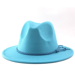 Close-up of cyan faux felt fedora hat featuring woven cord decoration with fringe tassels