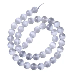 Translucent greyish-white cat eye stone round beads for DIY jewelry making