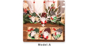 Three-pack wooden Christmas gnome ornaments in a display box with plaid fabric hats