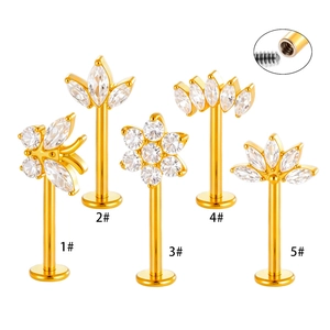 G23 titanium gold flower labret studs with cubic zirconia and internal threading