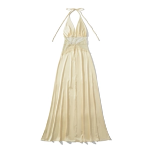 Robe longue licou élégante en satin jaune pâle avec col en V profond et dentelle