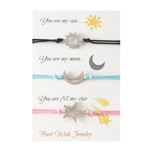 Handmade woven sun moon and star friendship bracelets set with adjustable wax cord straps