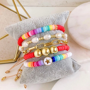 Natural Freshwater Pearl Polymer Clay Heishi Beaded Bracelet Paperclip Link Gold Chain Rainbow Bohemian Jewelry Women