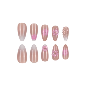 Sparkly floral press-on nails with 3D pink flowers and jelly gradient almond shape