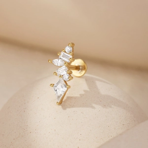 Detailed view of gold s925 silver stud earring with multi-shaped white zircon stones