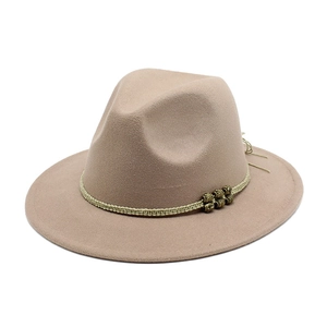 Beige wool fedora hat with woven band and vintage metal beads for classic style
