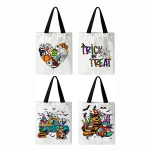 Halloween canvas tote bags featuring trick or treat pumpkin and ghost patterns