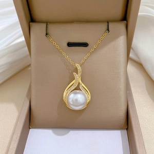 Artificial Pearl Pendant Necklace Stainless Steel Chain Copper Zircon Inlaid Water Drop Clavicle Chain Elegant Jewelry Women