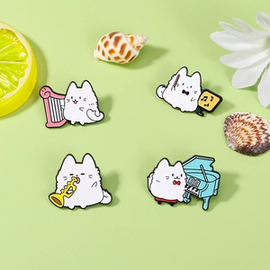 Cute cartoon cat enamel pins set playing musical instruments on a green background