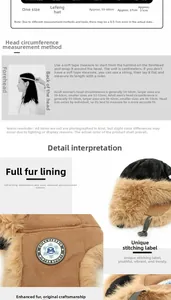 Size chart for winter trapper hat with suede fabric and warm plush lining details