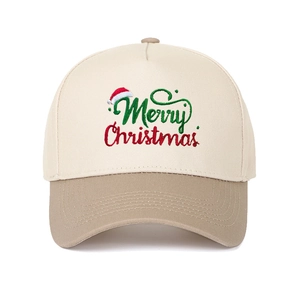 Detail of Merry Christmas embroidery with Santa hat on two-tone baseball cap