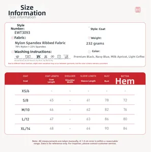 Size chart detail for ribbed yoga set showing dimensions for coat style in various sizes