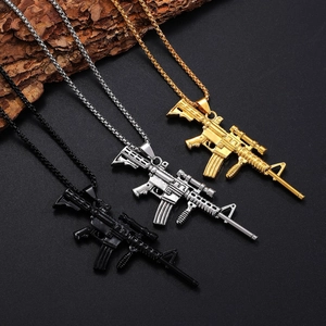Tactical rifle pendant necklace in gold, silver, and black finishes on square bead chains