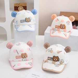 Kids breathable mesh baseball caps with bear ears and Hello print in four colors