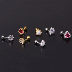 16G stainless steel studs with heart and triangle zircon stones and screw ball backs