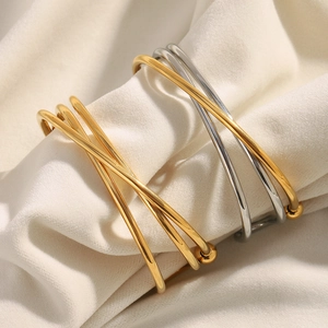 Bracelet Jonc Lignes Croisées Géométriques Plqué Or 18K Acier Inoxydable Multicouche Bijoux Minimalistes Femme Élégant