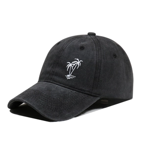 Washed black denim baseball cap with white embroidered palm tree for sun protection