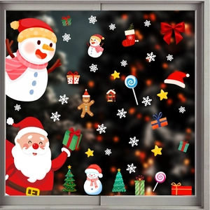 Close-up of Santa and Snowman static window stickers set for festive home decoration
