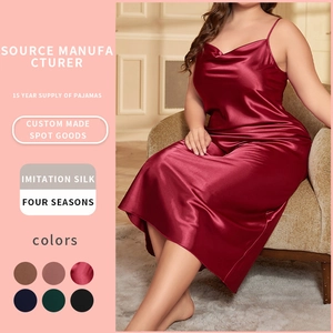 Women Plus Size Nightgown Imitation Satin Satin Spaghetti Strap Cowl Neck Sleeveless Slip Dress Sleepwear Casual