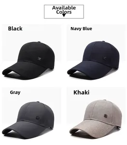 Detail shot of four baseball cap colors showing metal logo and high-density fabric