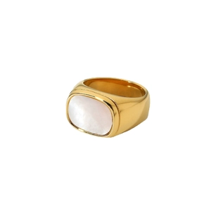 Minimalist 18K gold plated stainless steel ring with rectangular white shell inlay