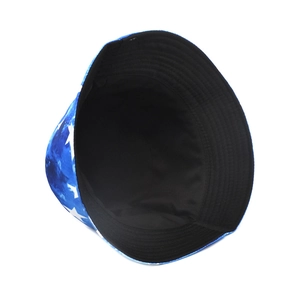 Detailed top view of navy blue bucket hat with white star print and stitched brim