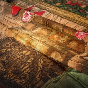 Detail of high-density polyester tapestry showing vintage brick and wood patterns