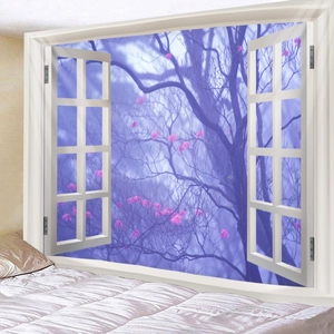 Detail of 3D window view tapestry showing purple trees and pink flowers on bedroom wall