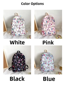 Collage di quattro zaini con fiori e farfalle nei colori bianco, rosa, nero e blu