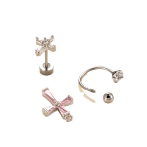 Silver cross earrings set with square pink and clear zircon in surgical titanium steel