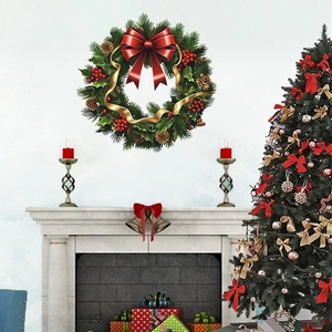 Detailed Christmas wreath wall sticker with red bow and gold ribbons on a cozy fireplace