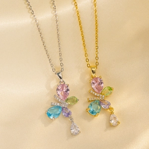 Butterfly Pendant Necklace With Colorful Zircon Stones Stainless Steel Elegant Light Luxury Jewelry For Women Gift