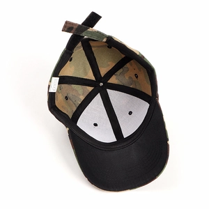 Close-up of camouflage baseball cap interior lining with 100% acrylic material tag