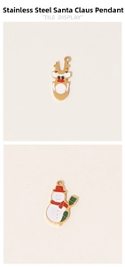 Detail showing enamel Christmas charms with reindeer and snowman designs in stainless steel