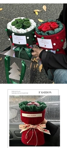 Close-up of DIY Christmas bouquet with knitted fabric wrapping and festive ribbons