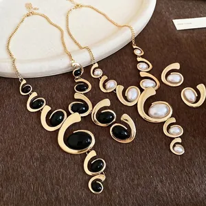 Vintage Luxury Alloy Jewelry Faux Artificial Pearl Acrylic Geometric Spiral Pendant Necklace And Earrings For Women
