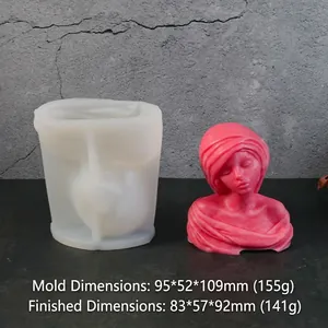 Silicone mold for goddess bust candle showing tool dimensions and finished pink plaster result