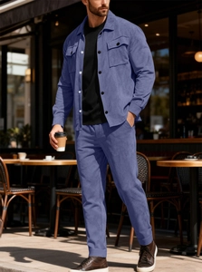 Men's urban casual suede texture jacket and pants set in foggy blue outdoor street style
