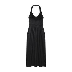 Halter Neck Backless Bodycon Midi Dress Black Sleeveless Slim Fit Coated Fabric Elegant Party Evening For Women