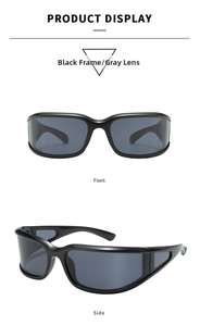Front and side display of Y2K wraparound sports sunglasses with black frame and gray lenses