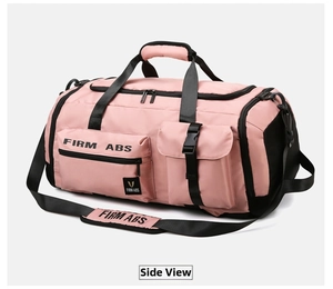 Pink waterproof travel duffel with large main compartment and black shoulder strap