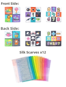 Detailed set of 6 double-sided baby cloth books and 12 colorful sensory juggling scarves