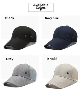 Detail view of mesh baseball caps in four colors with breathable fabric and metal logo