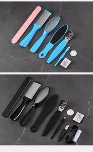 Detailed view of 10-in-1 professional foot care tool set with callus removers and files