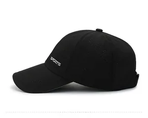 Detail view of breathable laser-cut holes and white SPORTS print on black mesh cap