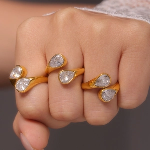18k gold plated stainless steel open rings with teardrop cubic zirconia on model