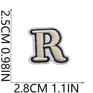 Detailed size measurement of letter R embroidery patch in navy and cream 2.5cm height