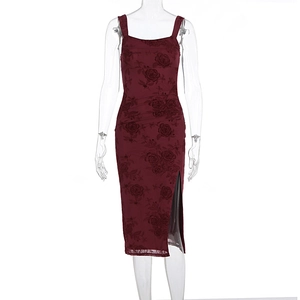 Detail of burgundy rose print summer dress featuring a square neck and side slit hem