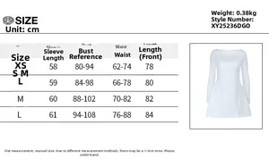 Size chart for backless A-line long sleeve mini dress in XS, S, M, L with measurements
