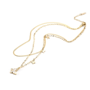 Double-layer gold stainless steel necklace with star and butterfly shell pendants